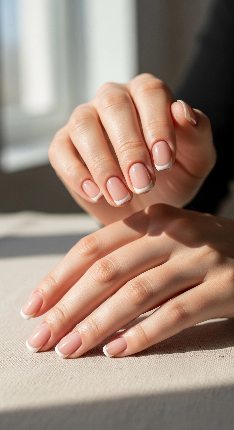 A macro shot of short, square-oval nails with a very thin, delicate white French tip gel manicure.