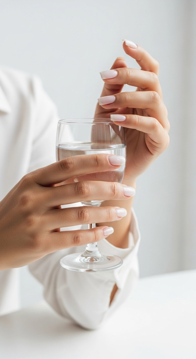 A clean, minimalist photo of short square gel nails with a sheer, milky white polish.