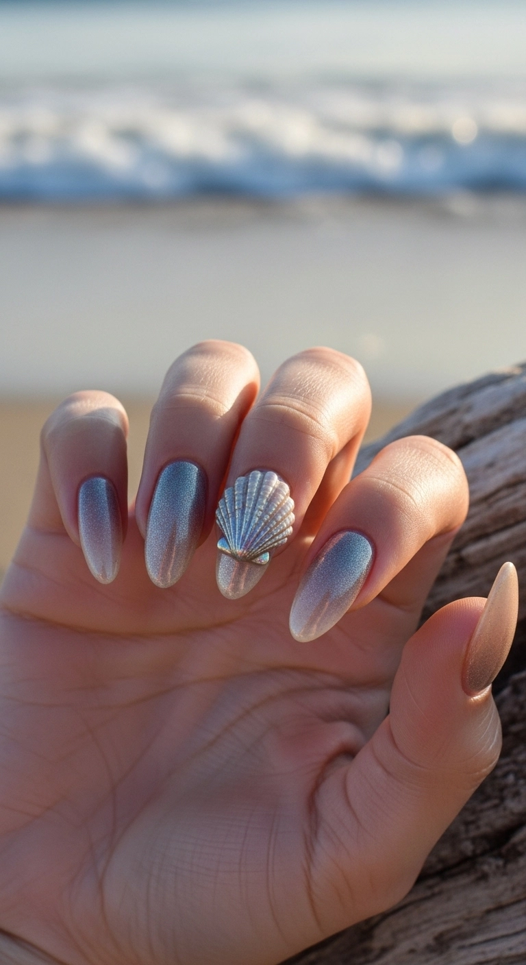 A woman's hand showing a sandy beige gel manicure with a 3D textured seashell accent nail.