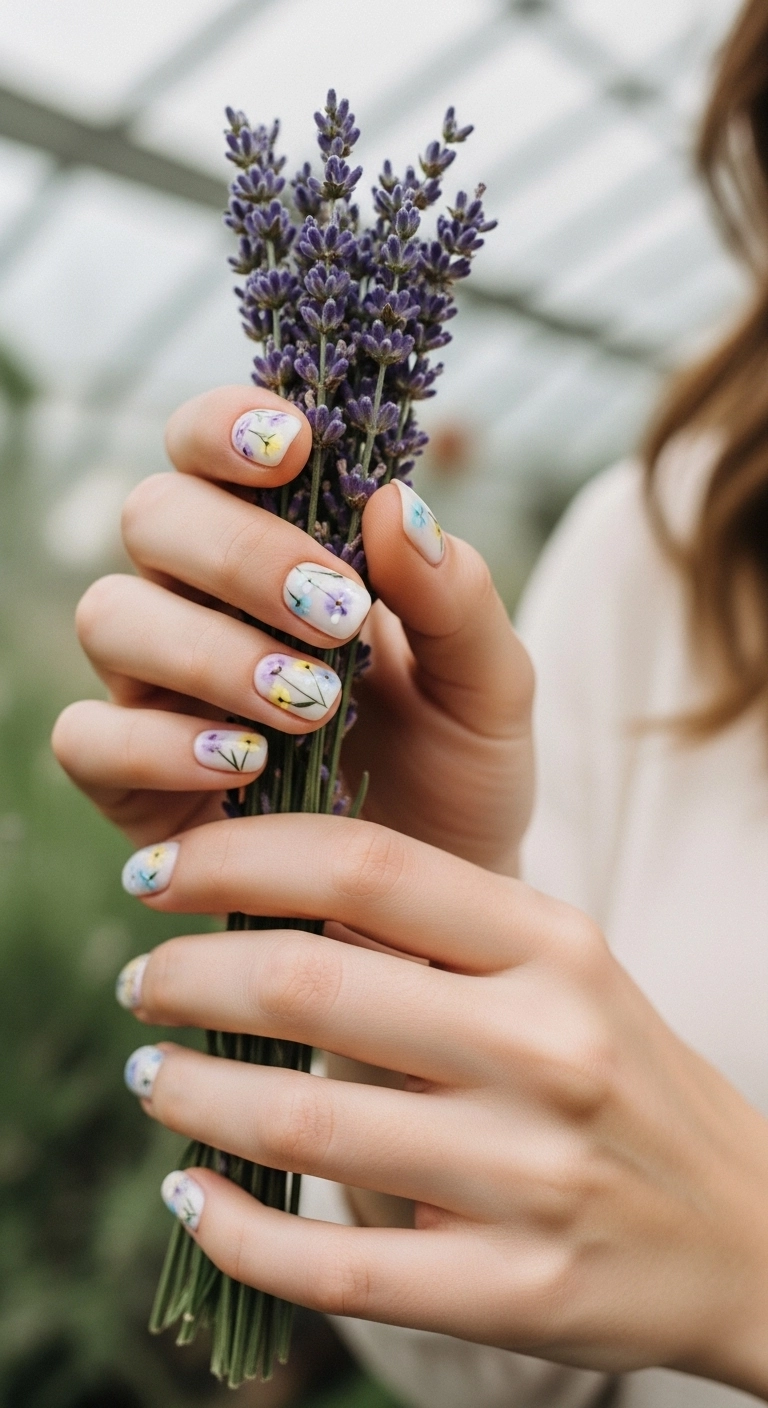 Short, rounded nails with a milky white gel base and delicate pastel floral designs.