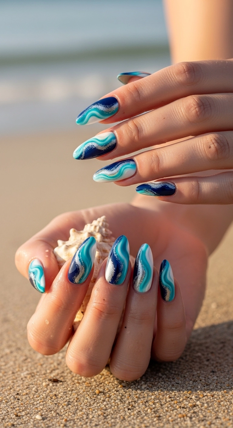 A close-up of almond-shaped nails with a blue and white ocean wave gel design, held against a sandy beach background.