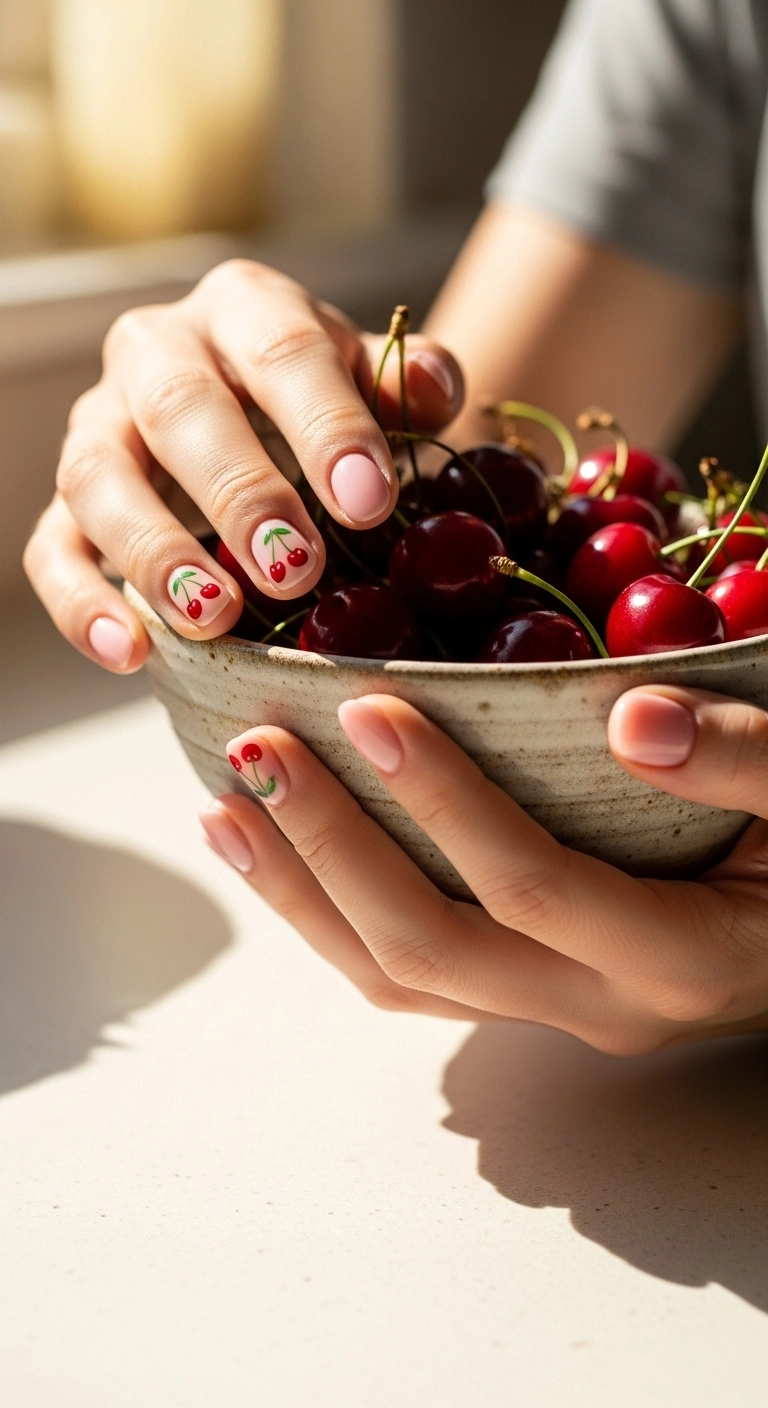 Short nails with a sheer pink gel base and cute, hand-painted cherry designs on accent nails.