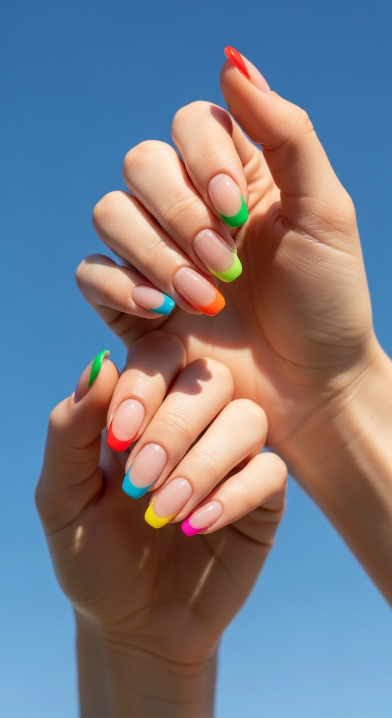 Natural-shaped nails with a sheer nude base and each French tip painted a different color of the rainbow.