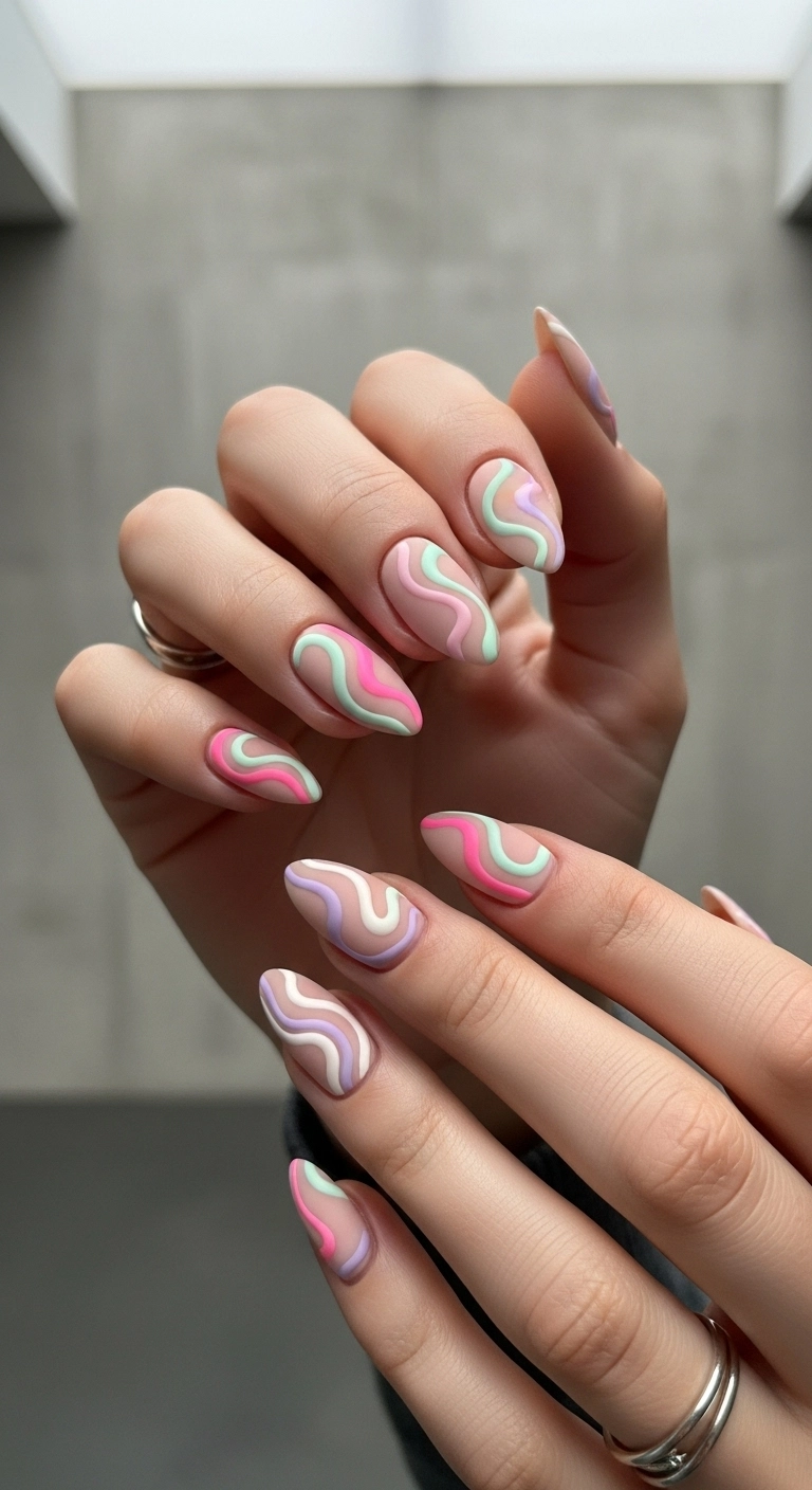 Almond-shaped nails with a matte nude base and abstract pastel-colored swirls.