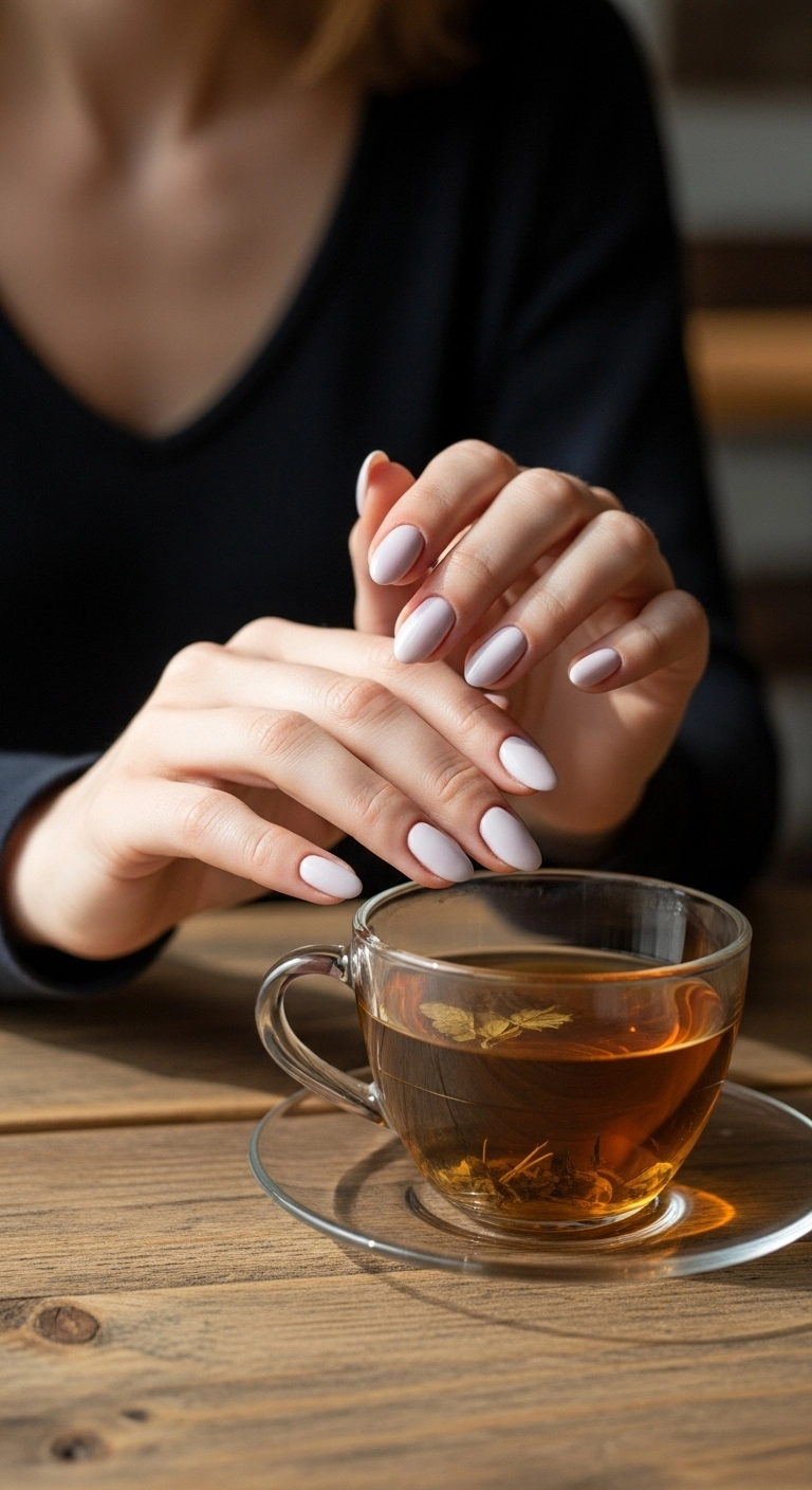 A woman's hands with glossy, pastel lavender gel nails resting on a wooden table.