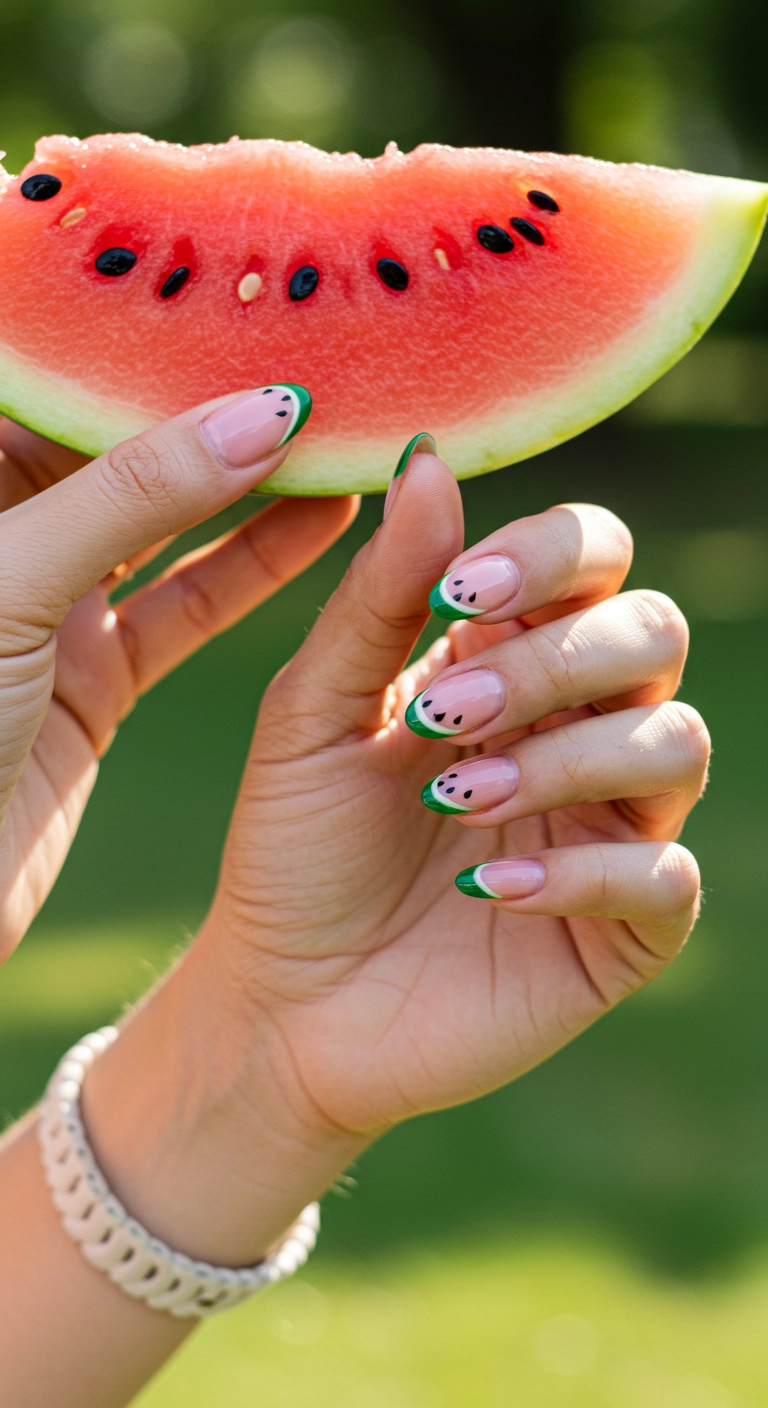 Oval-shaped nails with a cute watermelon gel nail art design, holding a slice of watermelon.