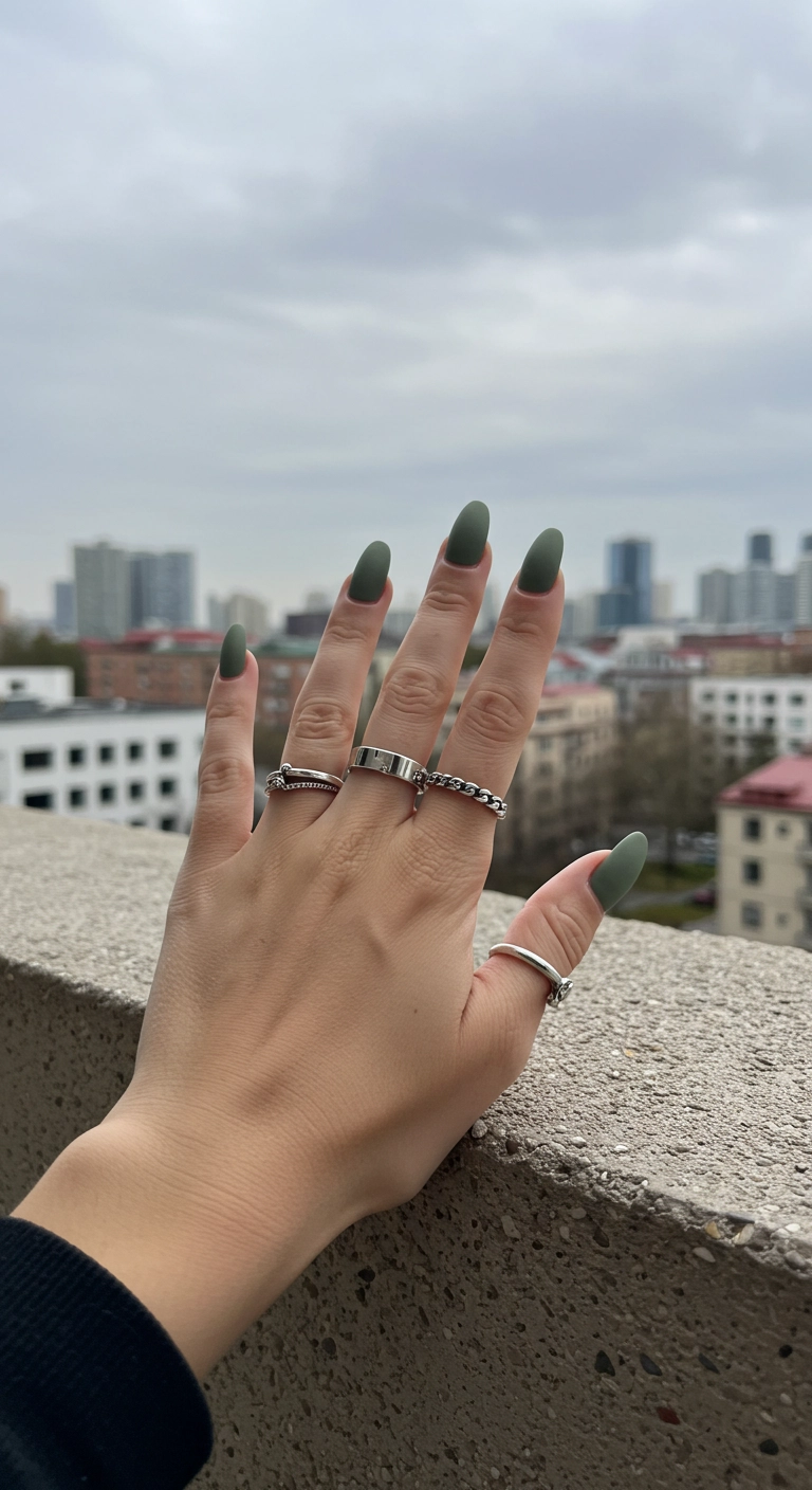 A woman's hand with almond-shaped nails in a trendy, matte matcha green gel polish.