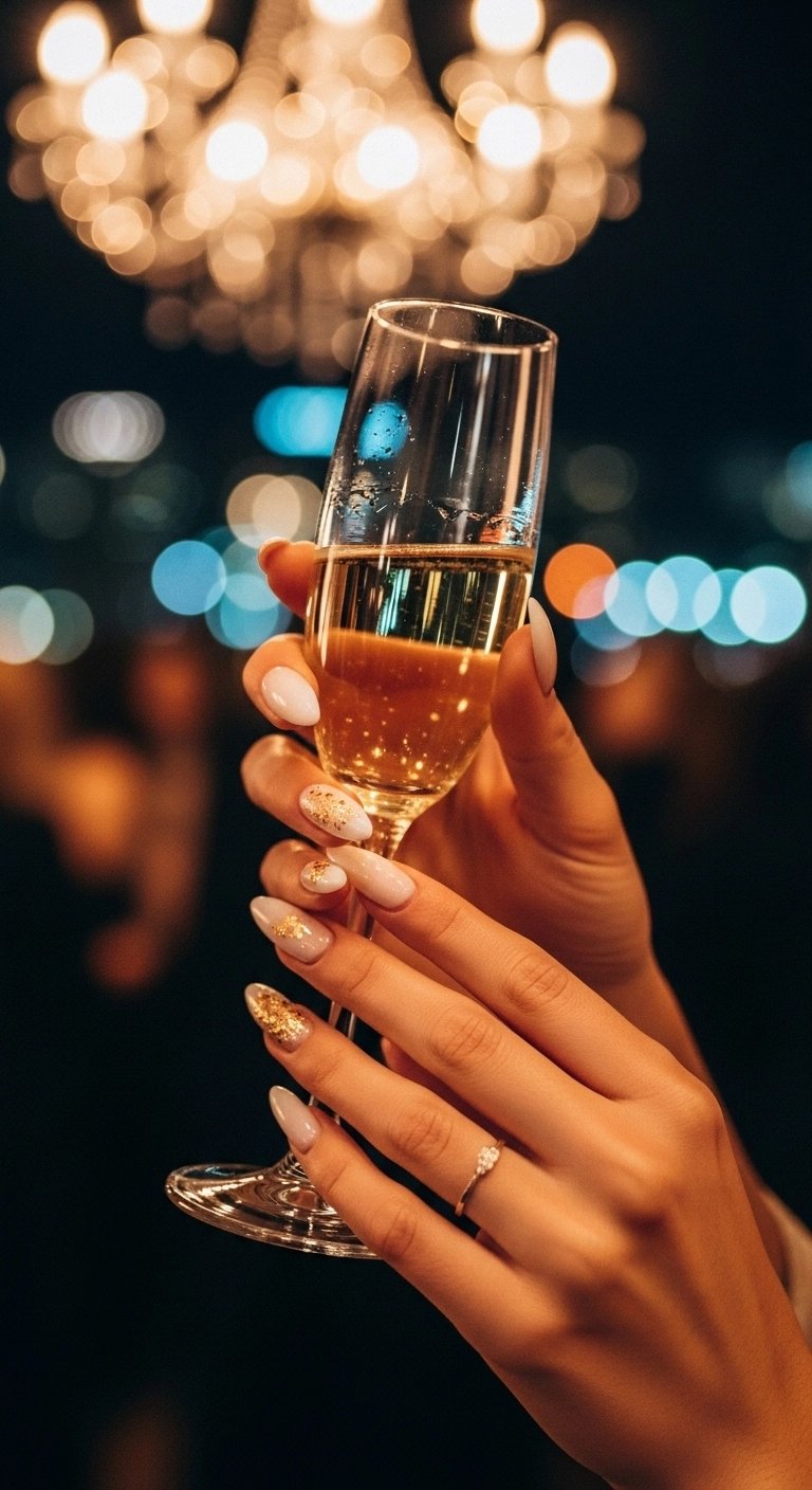 Elegant stiletto nails with a milky white base and gold flakes scattered near the cuticles.