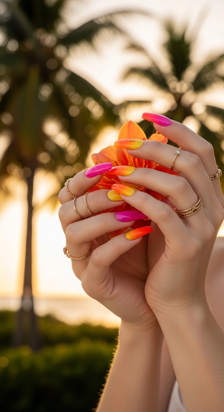 Long, coffin-shaped nails with a pink, orange, and yellow gradient gel design resembling a tropical sunset.