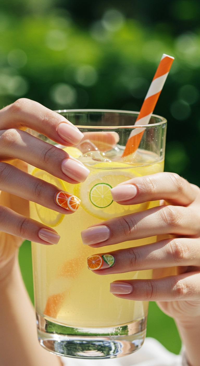 A woman's hands with nude gel nails and accent nails painted with tiny, realistic citrus slices, holding a glass of lemonade.