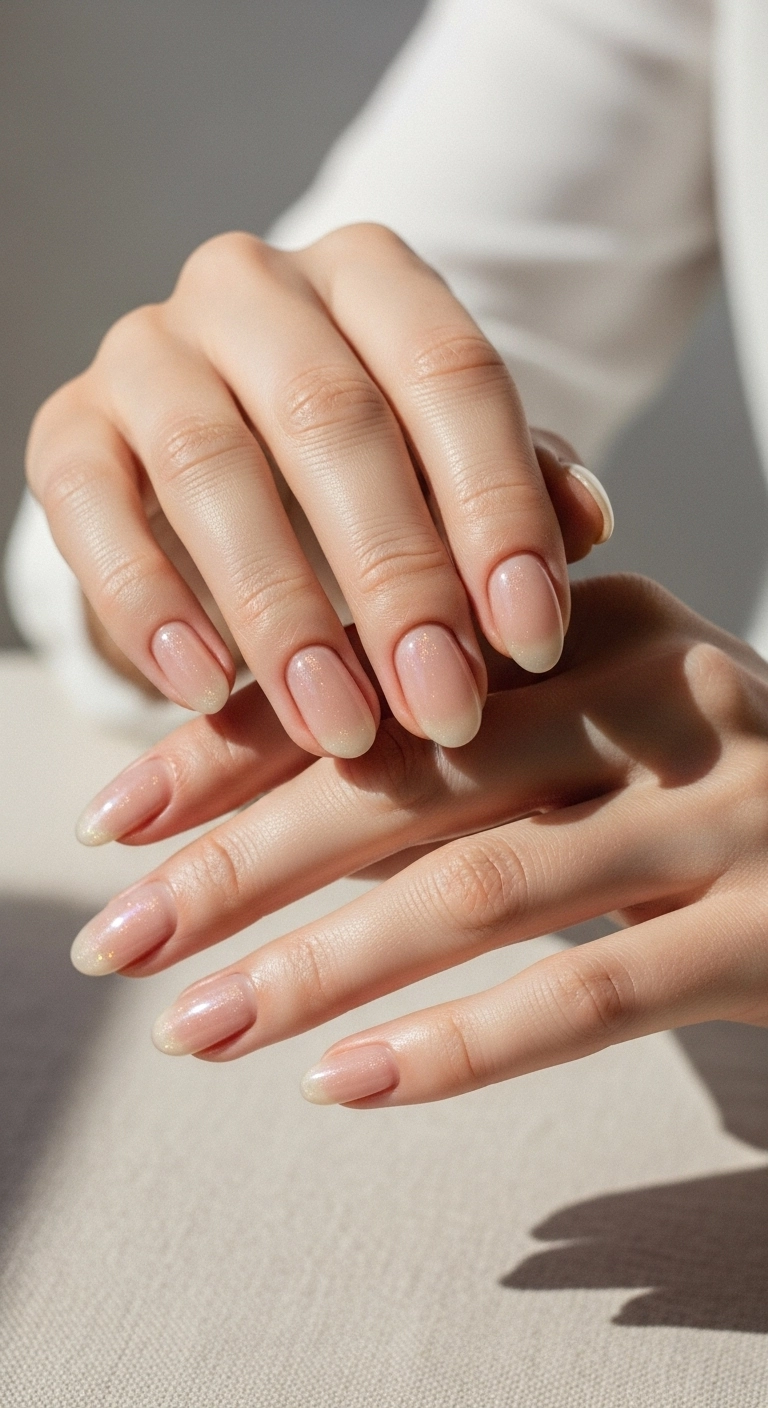 Short, squoval nails with a sheer nude gel polish that has a subtle iridescent shimmer.