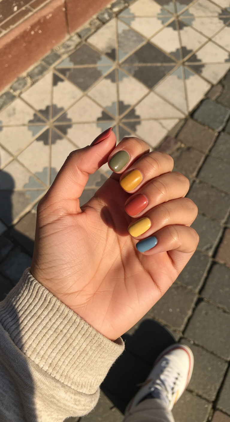 A hand with round gel nails where each nail is painted a different, complementary earth-toned color.