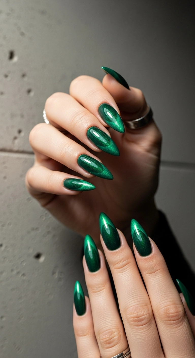 A close-up of stiletto gel nails with a deep green magnetic polish that creates a velvet-like cat-eye effect.
