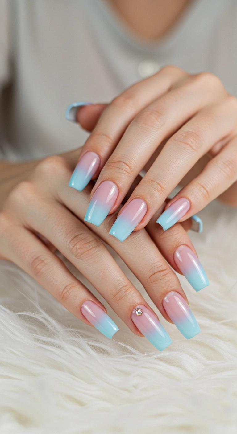 A dreamy photo of long, coffin-shaped gel nails with a soft pastel gradient transitioning from baby blue to pink.