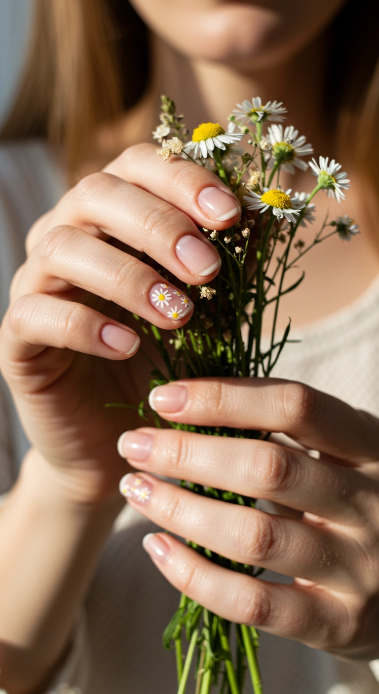 A close-up of short, round gel nails with a sheer pink base and delicate, hand-painted white daisies on the ring fingers.
