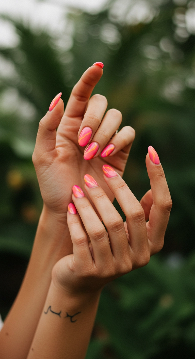 A close-up of oval-shaped gel nails with a pink and orange airbrushed gradient, creating an aura effect.