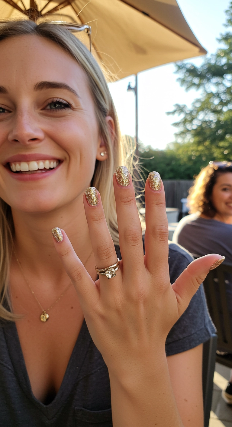 Short rounded nails completely covered in sparkling champagne gold glitter polish.