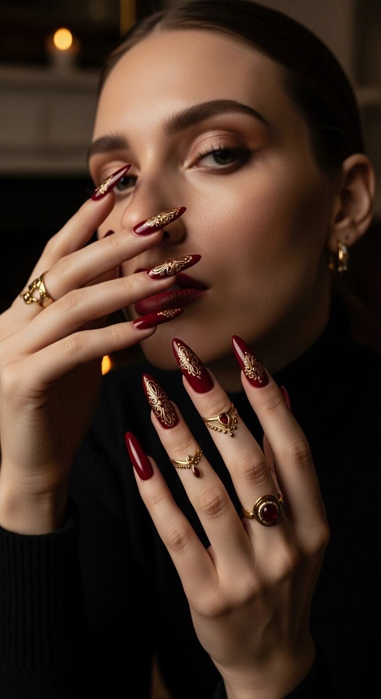 Long almond nails in a dark red color with intricate antique gold filigree art.