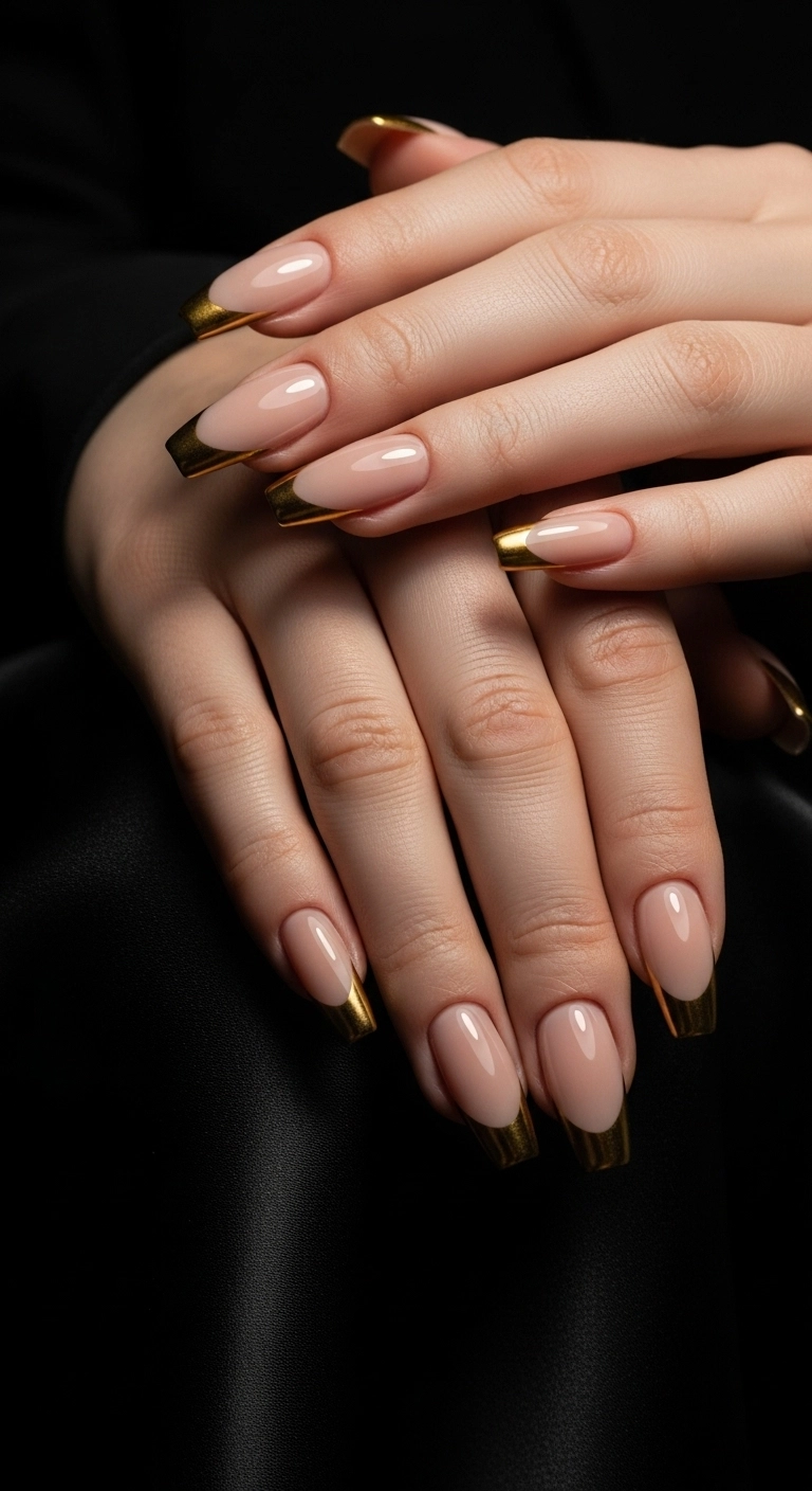 Elegant coffin nails with a nude base and crisp metallic gold French tips.