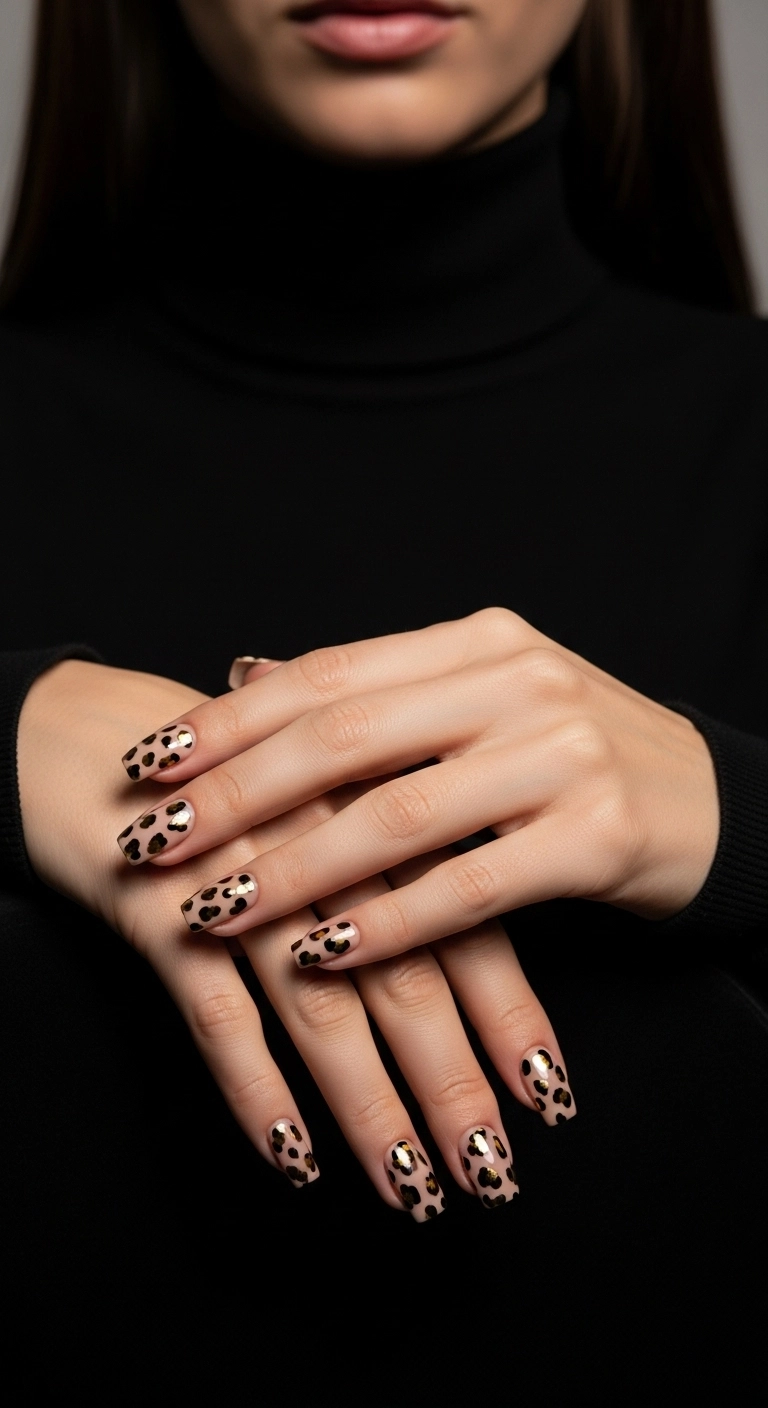 Square nails with a chic leopard print design using metallic gold spots on a nude background.