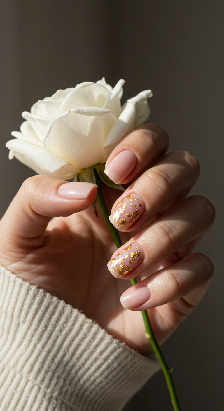 Short square nude nails accented with delicate pieces of gold foil.