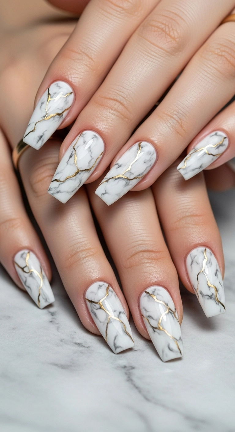 Long coffin nails with a white marble design and thin veins of white gold.