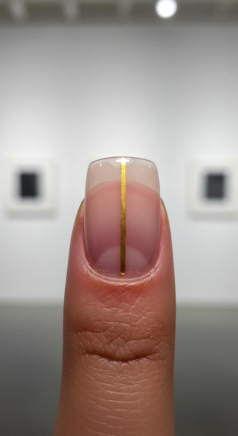 A minimalist short nail with a single, thin vertical gold line down the center.