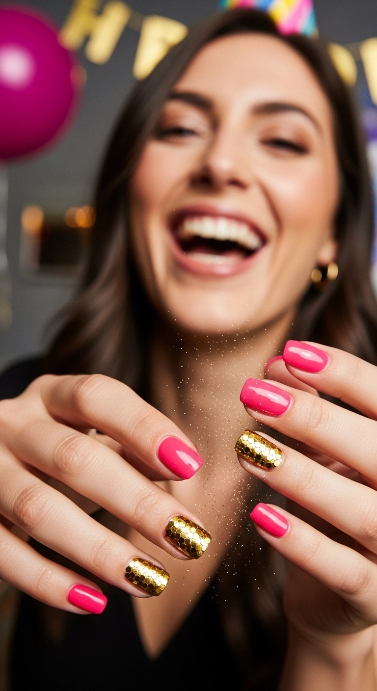 A woman's hand showing bright pink nails with a fun, chunky gold confetti glitter on top.