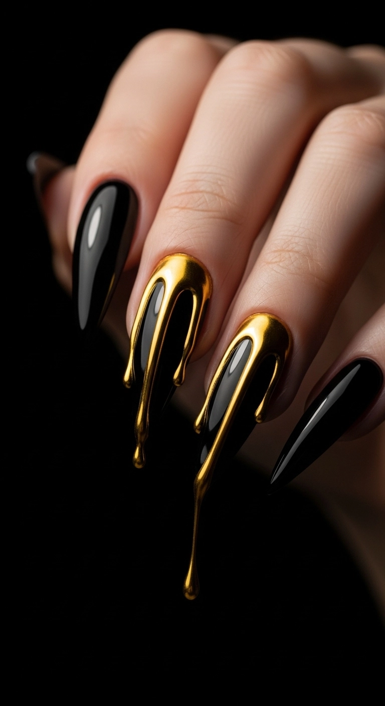 Edgy stiletto nails with a realistic liquid gold drip effect over a black base.