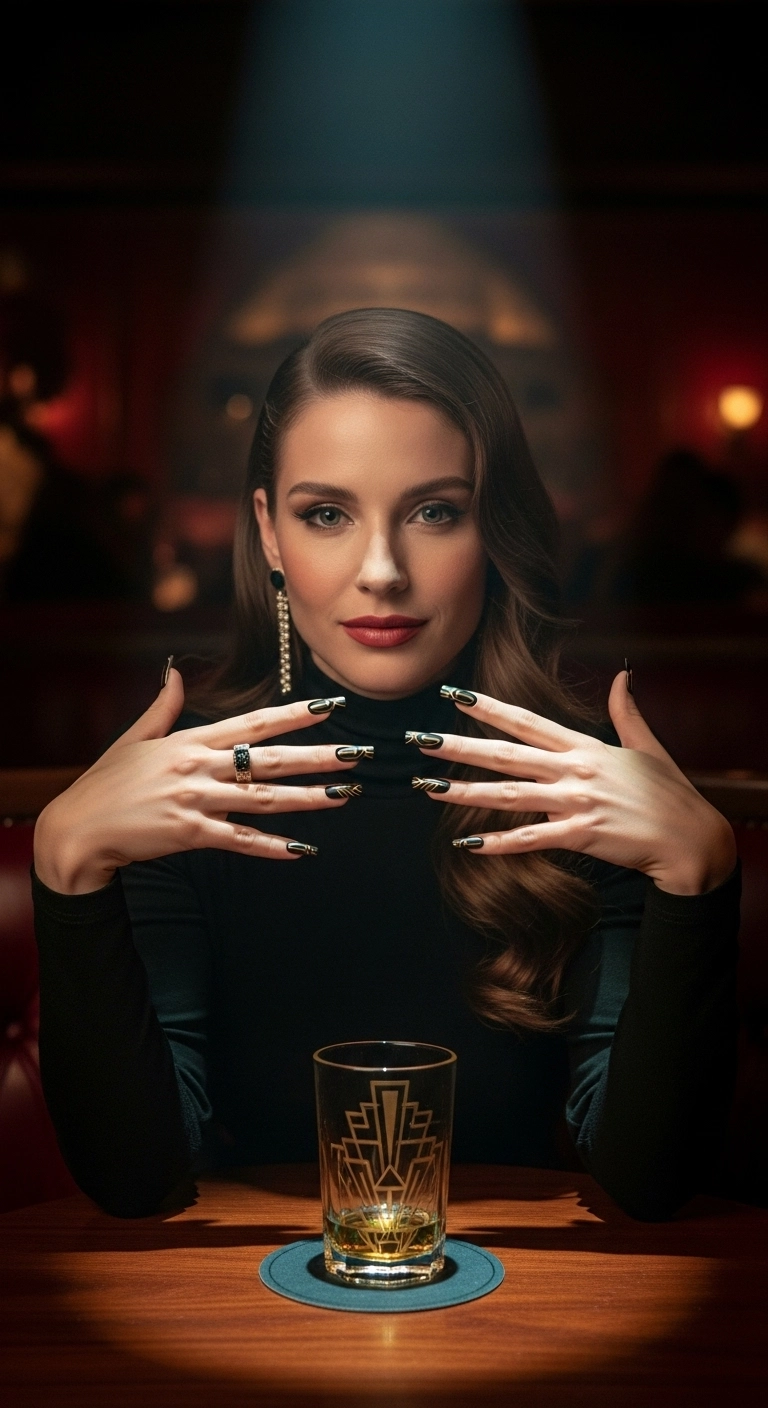 Stiletto nails with a striking black and gold Art Deco geometric pattern.