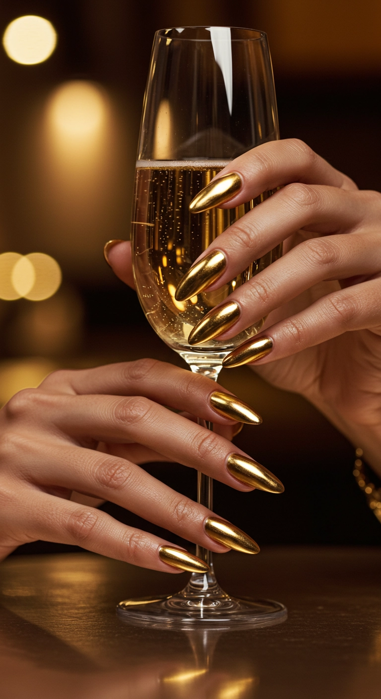 A close-up of long almond-shaped nails with a shiny molten gold chrome finish.