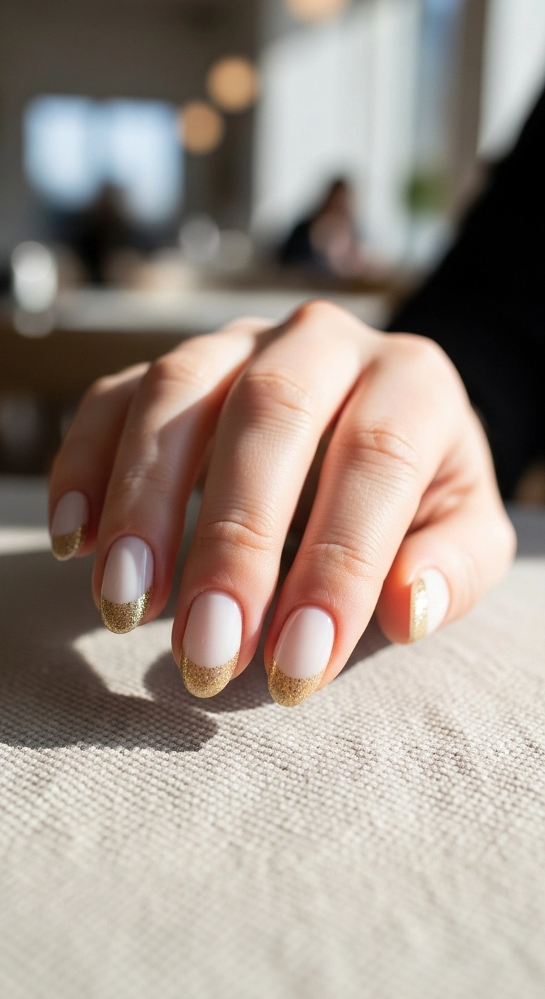 Oval nails with a creamy white base and a delicate dusting of gold glitter near the cuticles.