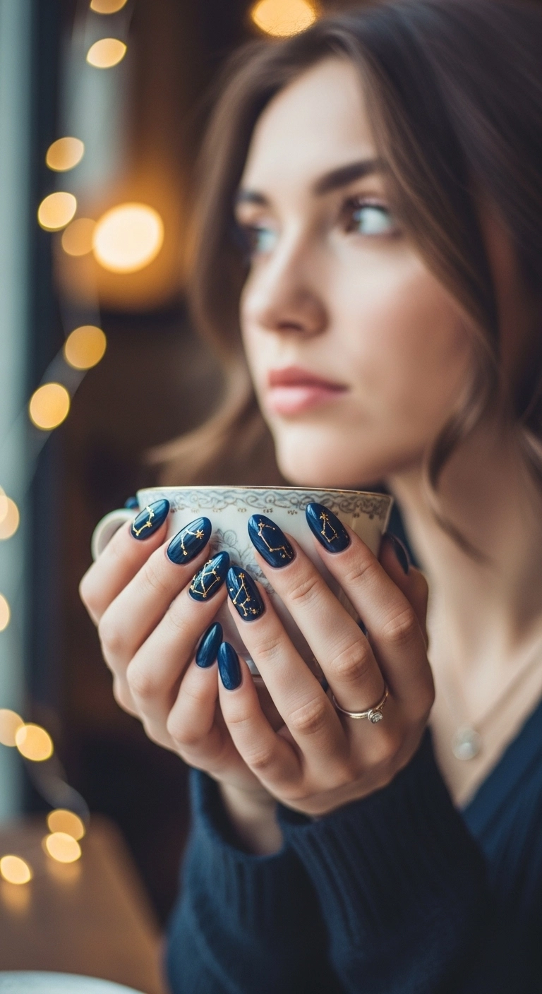 Oval nails painted midnight blue with delicate gold constellation designs.