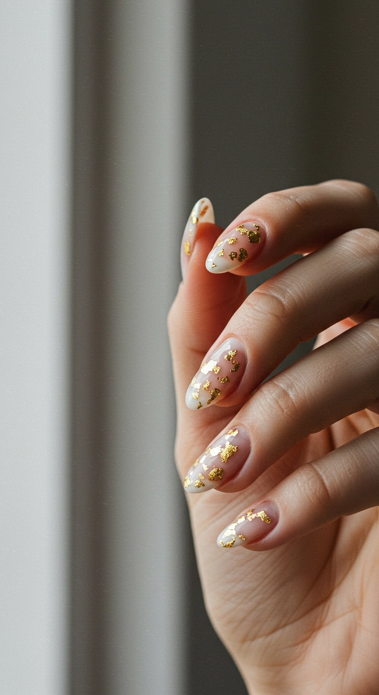 Almond nails with a milky white base and textured gold leaf details.