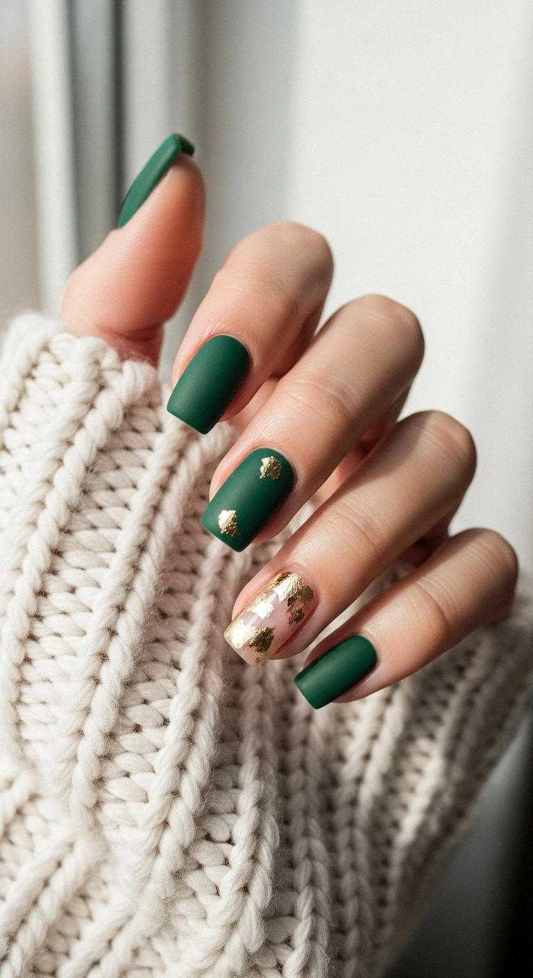 Short square nails in matte hunter green with gold foil accents.