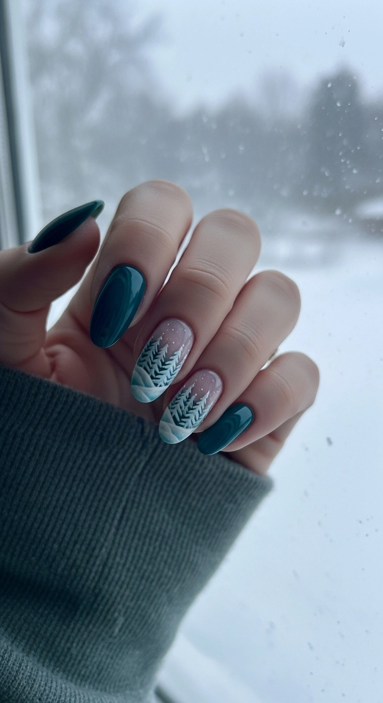 Squoval-shaped teal nails with a snowy pine tree accent nail.