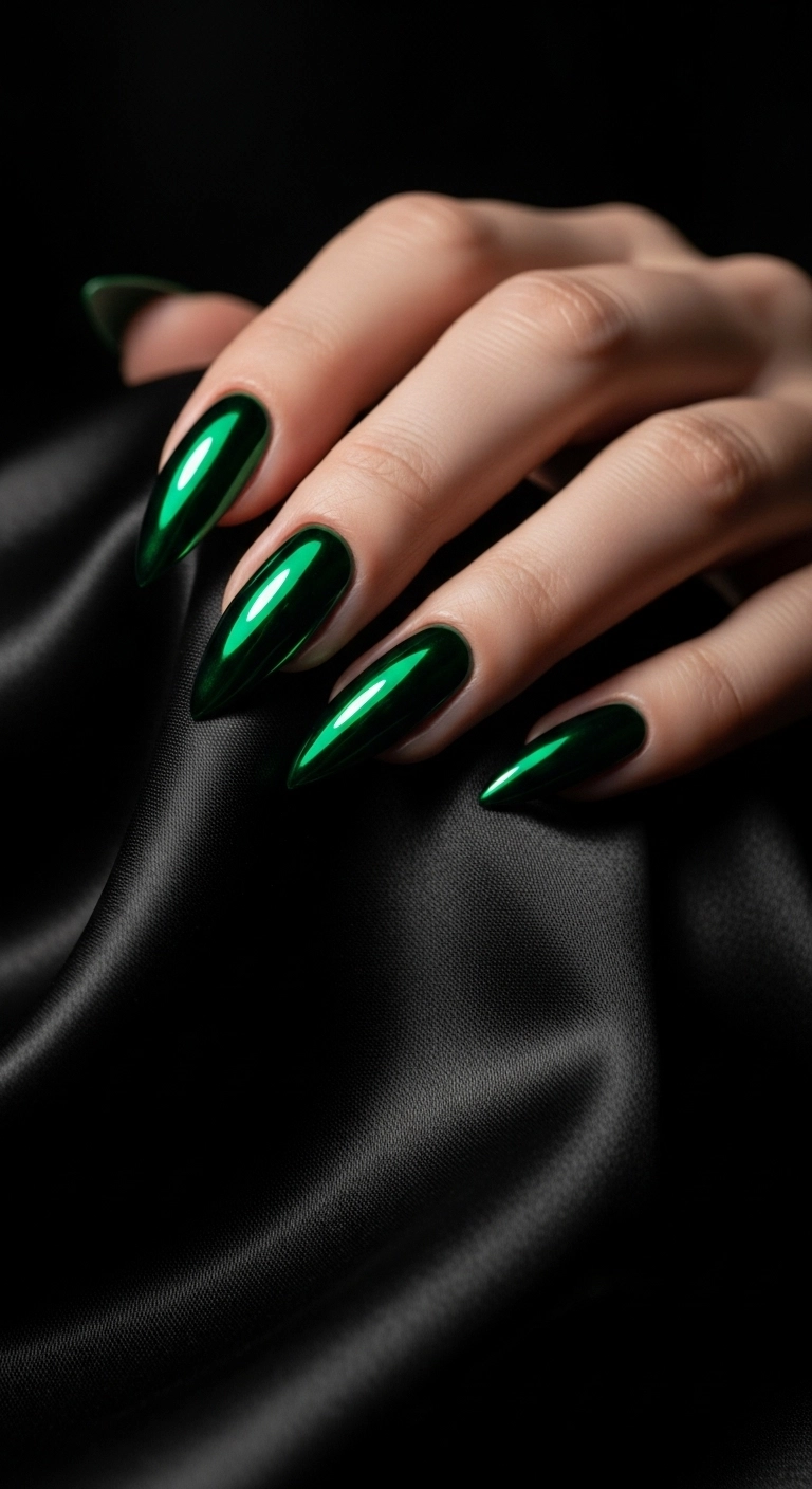Long stiletto nails with a dark green chrome mirror finish.