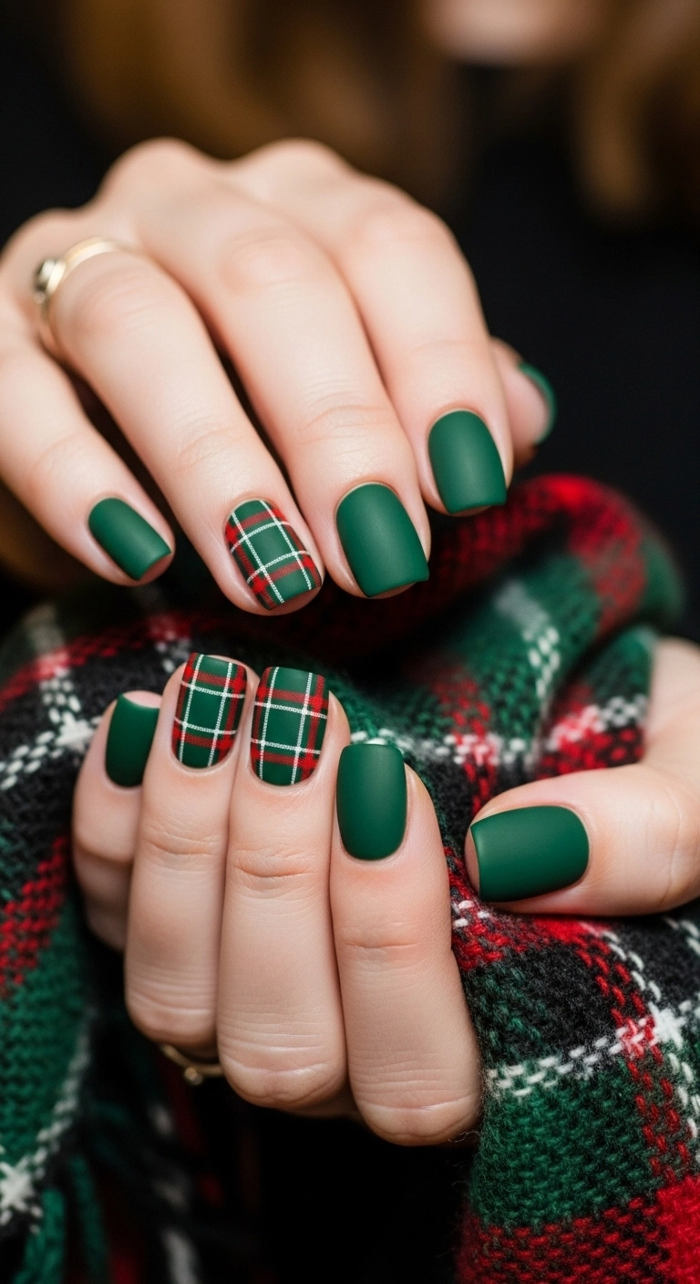Short square nails with a matte green, red, and white plaid design.