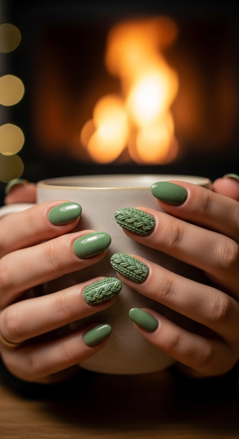 Oval-shaped sage green nails with a 3D sweater texture accent nail.