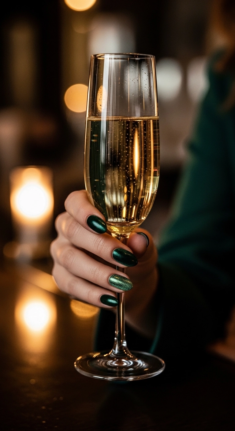 Almond nails with a deep green velvet effect finish.