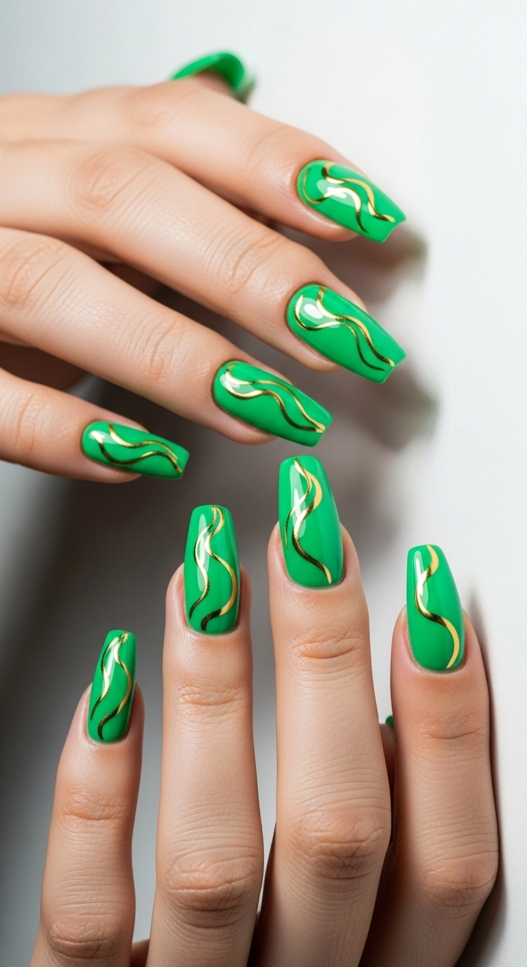 Kelly green coffin nails with abstract gold chrome swirls.