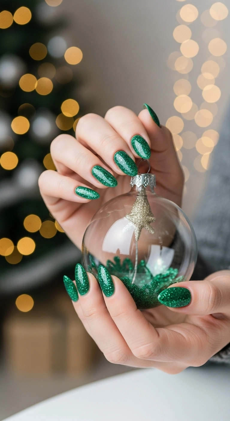 Almond-shaped nails with an emerald green glitter gradient manicure.