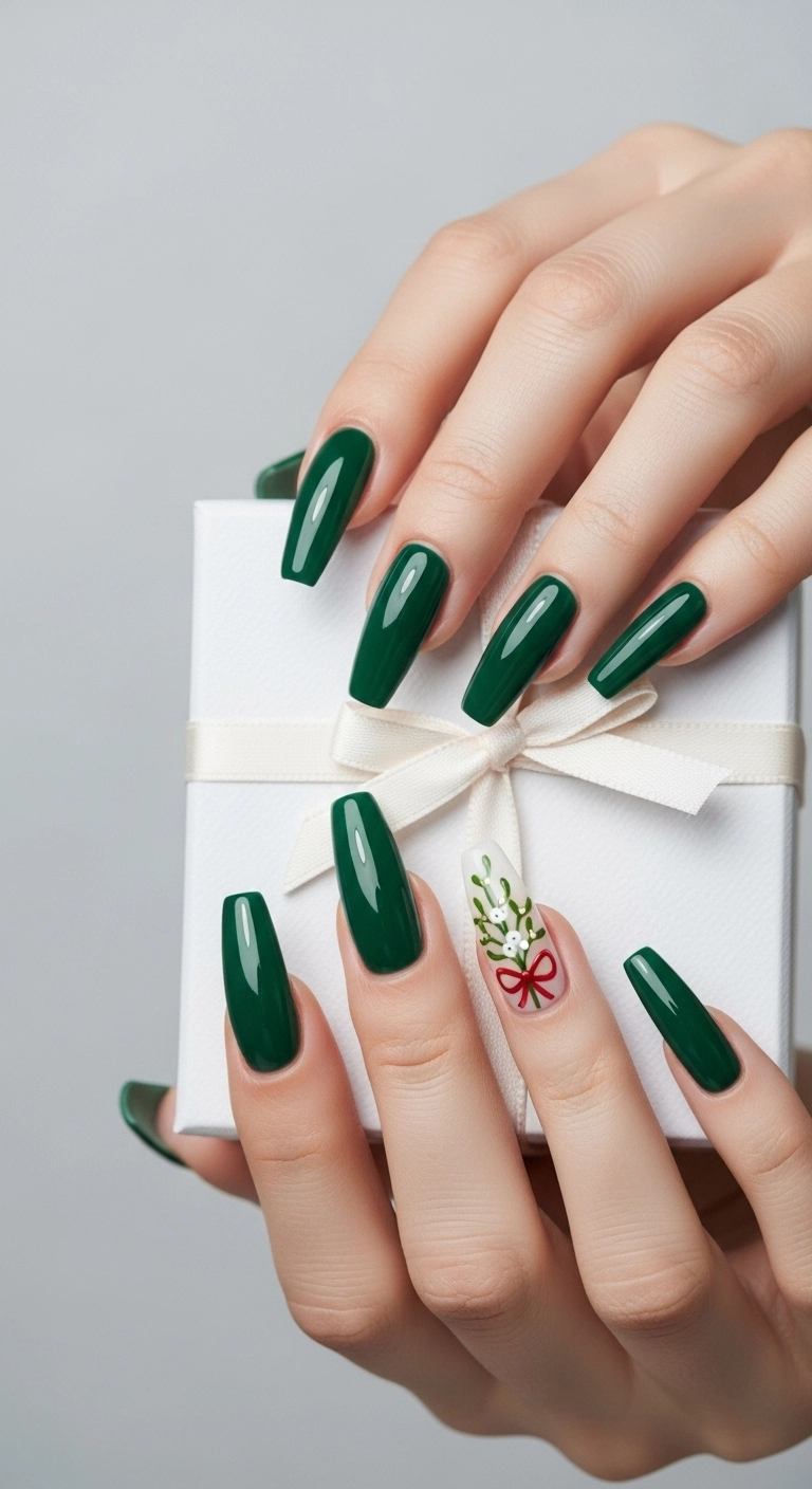 Long coffin nails in forest green with a hand-painted mistletoe accent.