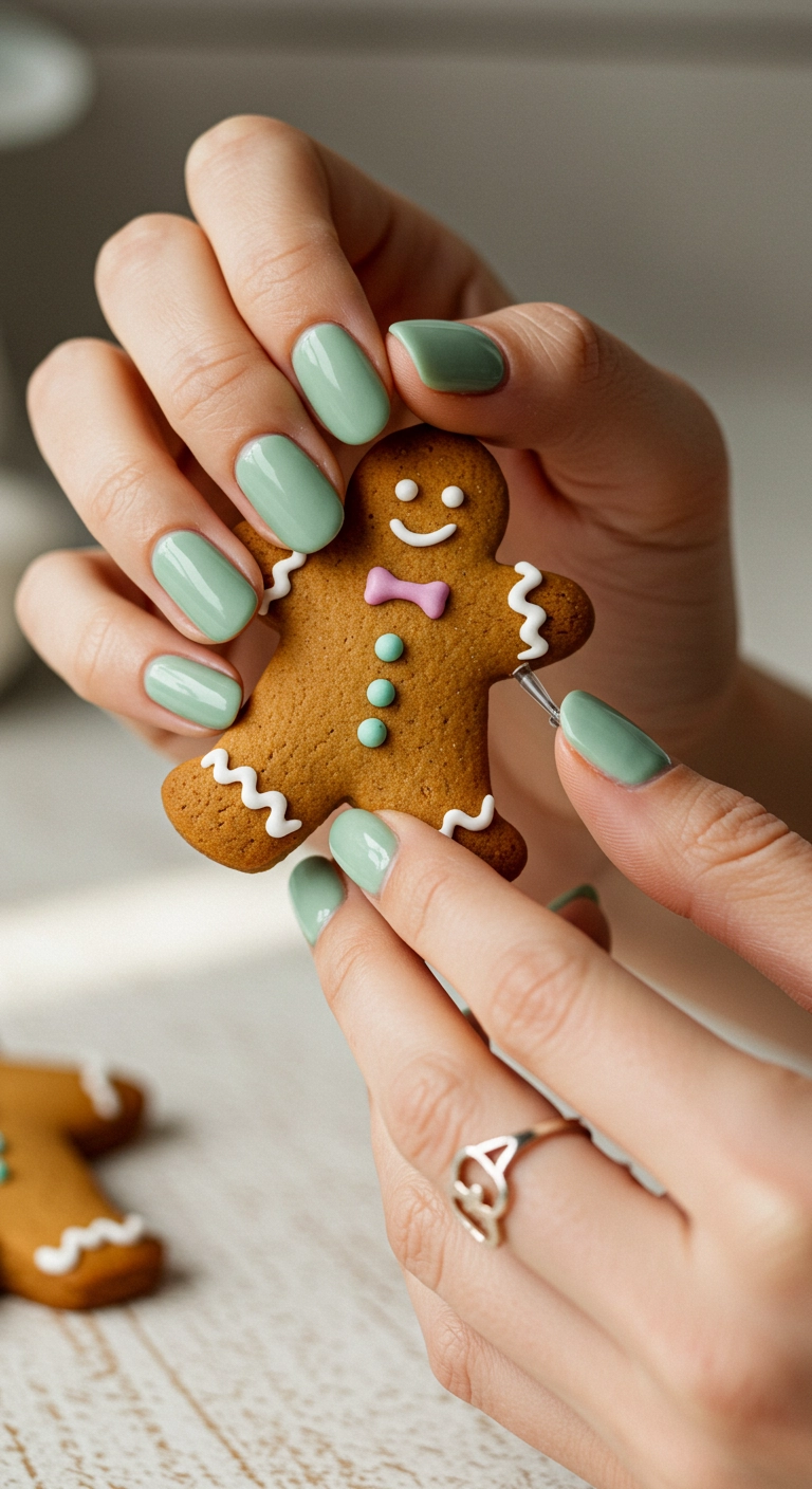 Short pastel green nails with a gingerbread man accent nail.