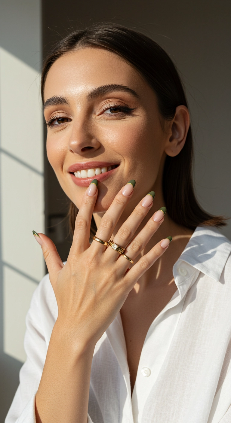 Almond nails with an olive green V-shaped French tip and a gold line.