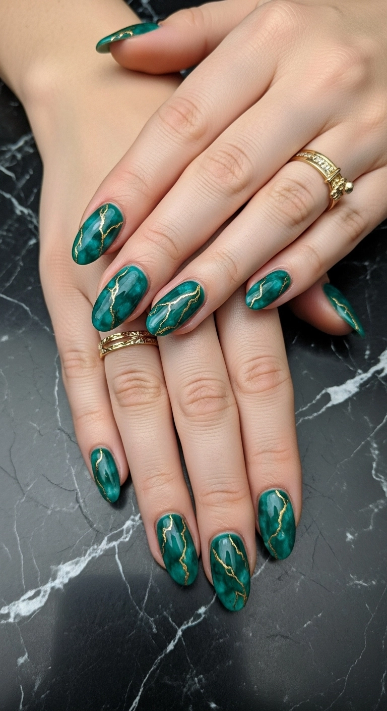 Oval nails with a jade green and gold marble effect.