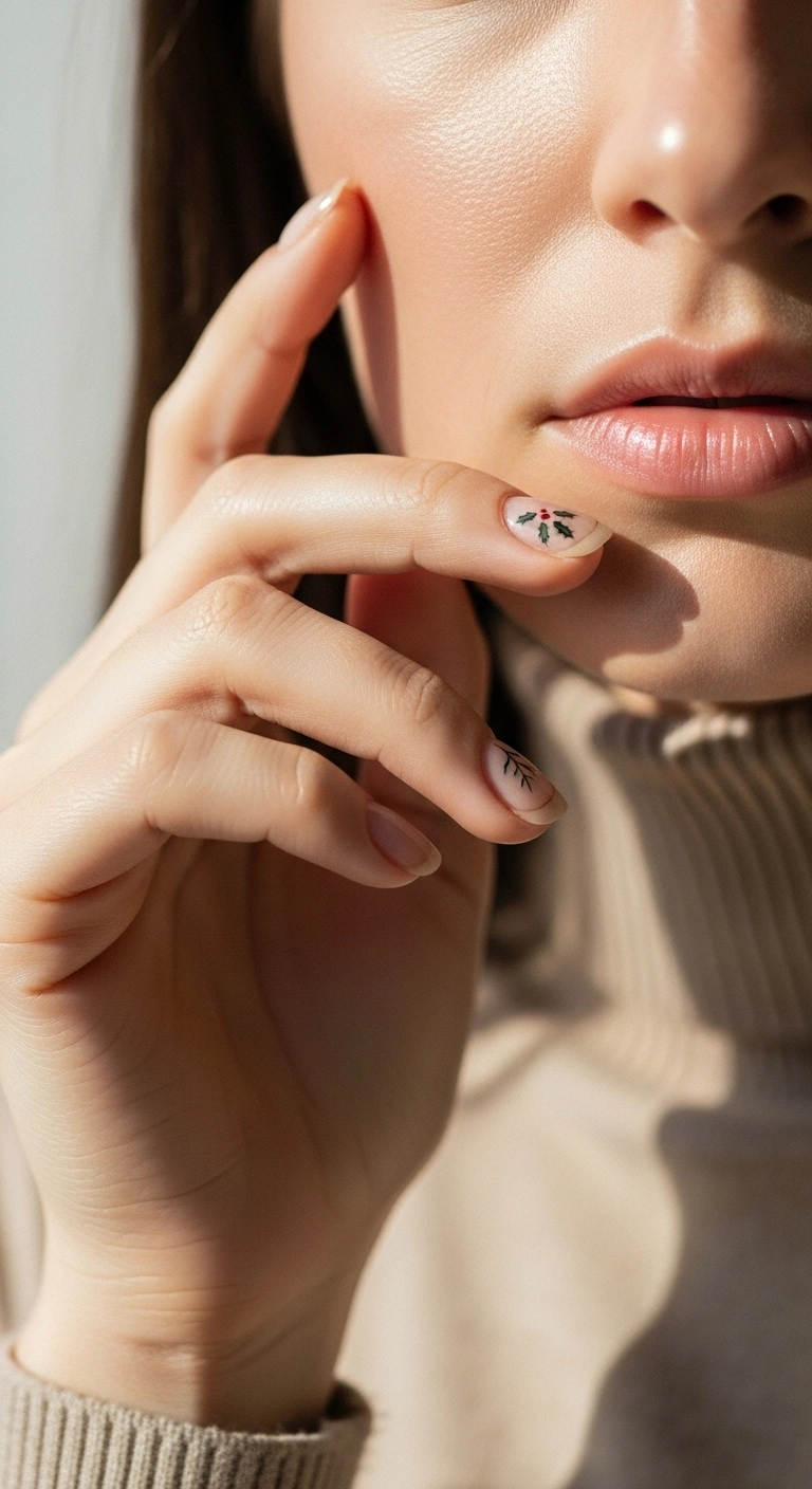 Short nails with a nude base and a minimalist holly design near the cuticle.
