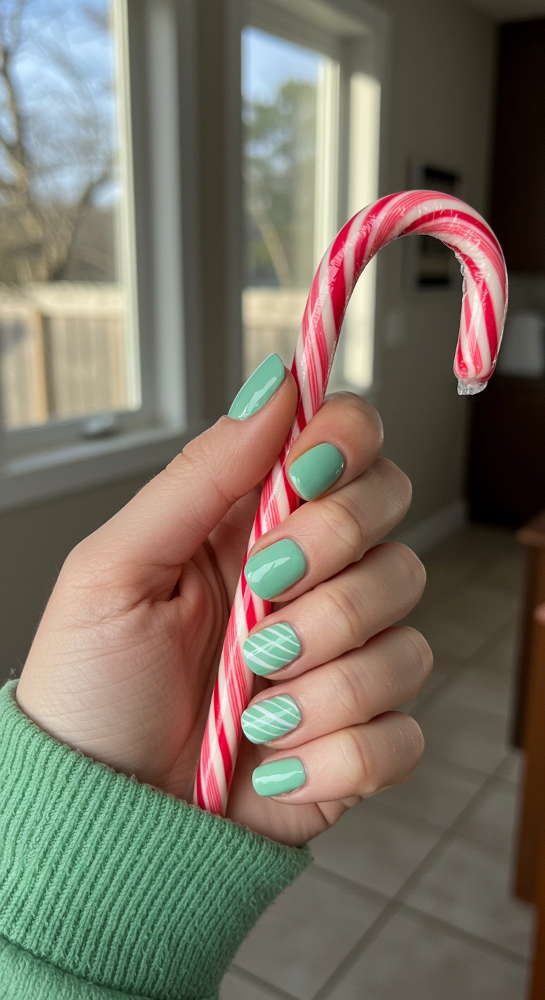 Short rounded nails with a mint green and candy cane stripe pattern.