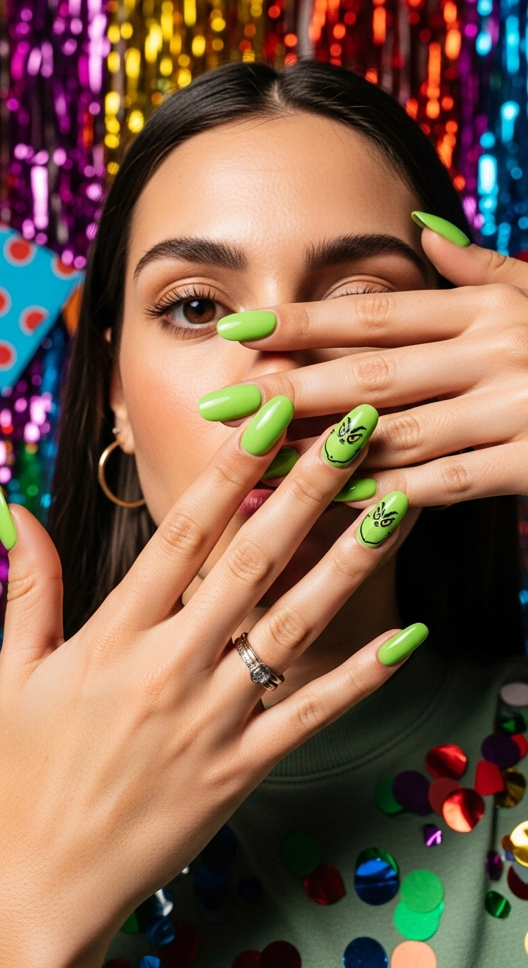 Bright lime green squoval nails with a Grinch face accent nail.