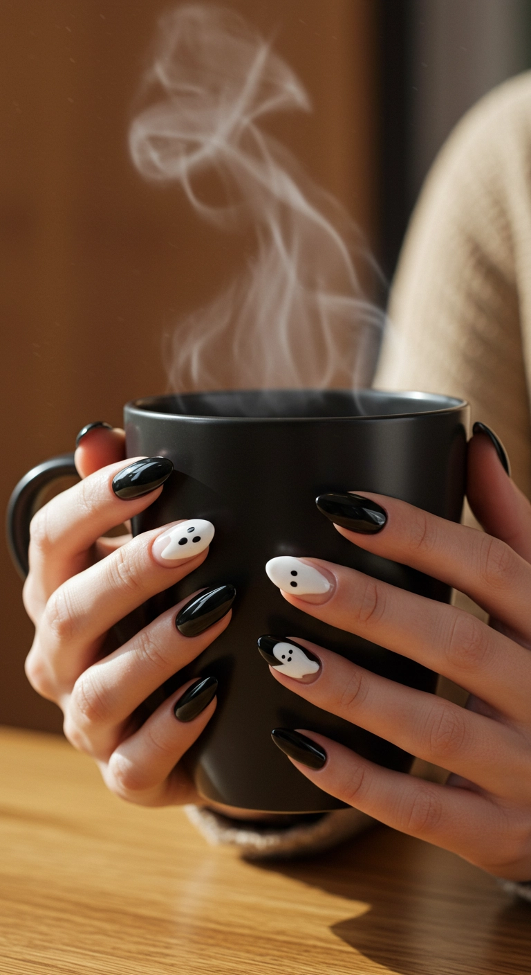Close-up of glossy black almond-shaped nails with cute white ghost designs.
